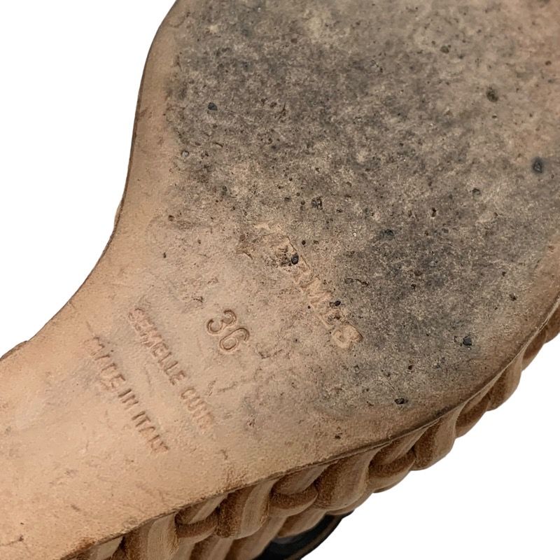 Hermes Sandals Shoes Leather Black Wedge Sole Belt