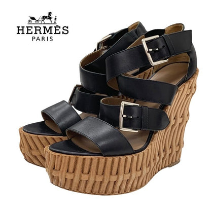 Hermes Sandals Shoes Leather Black Wedge Sole Belt