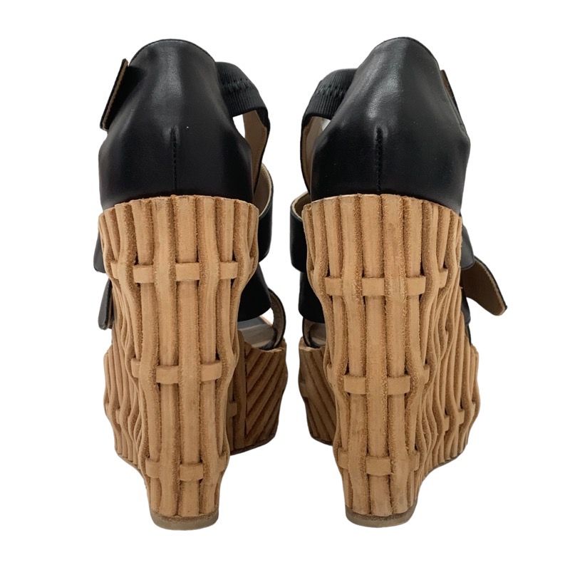 Hermes Sandals Shoes Leather Black Wedge Sole Belt