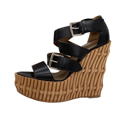Hermes Sandals Shoes Leather Black Wedge Sole Belt