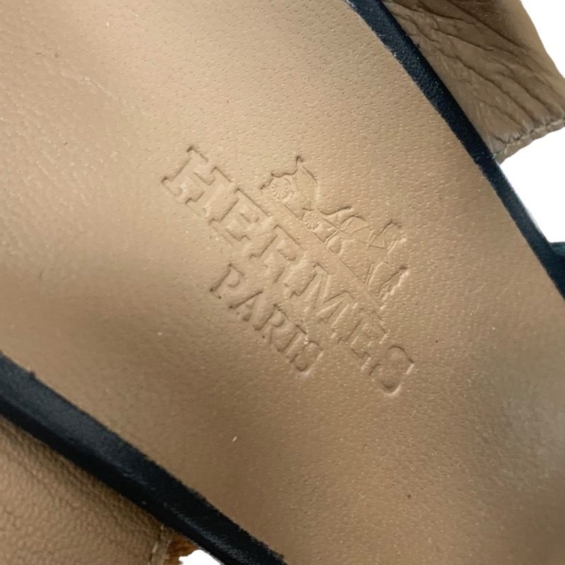 Hermes Sandals Shoes Leather Black Wedge Sole Belt