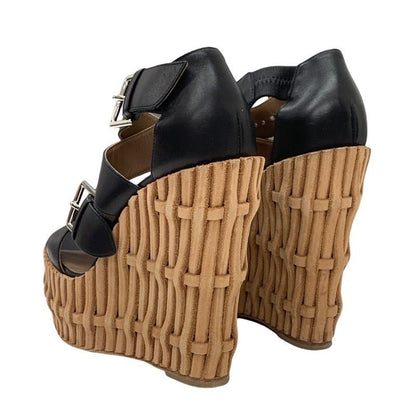 Hermes Sandals Shoes Leather Black Wedge Sole Belt