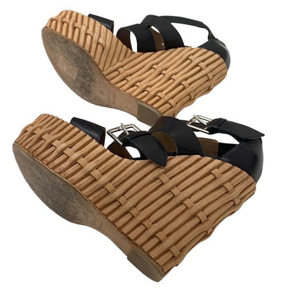 Hermes Sandals Shoes Leather Black Wedge Sole Belt