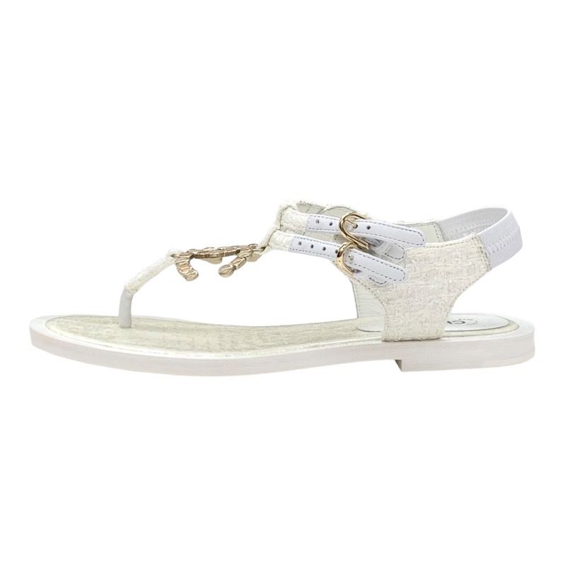 Chanel Sandals Shoes Fabric White Unused Tweed Here Mark Stone Thong Sandals