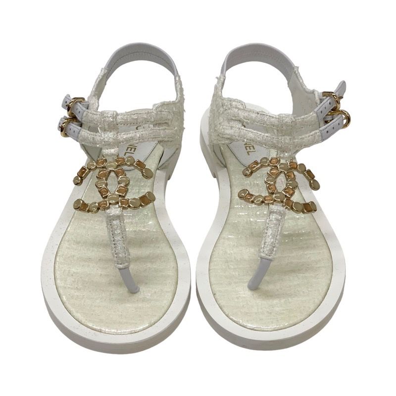 Chanel Sandals Shoes Fabric White Unused Tweed Here Mark Stone Thong Sandals
