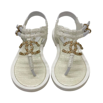 Chanel Sandals Shoes Fabric White Unused Tweed Here Mark Stone Thong Sandals