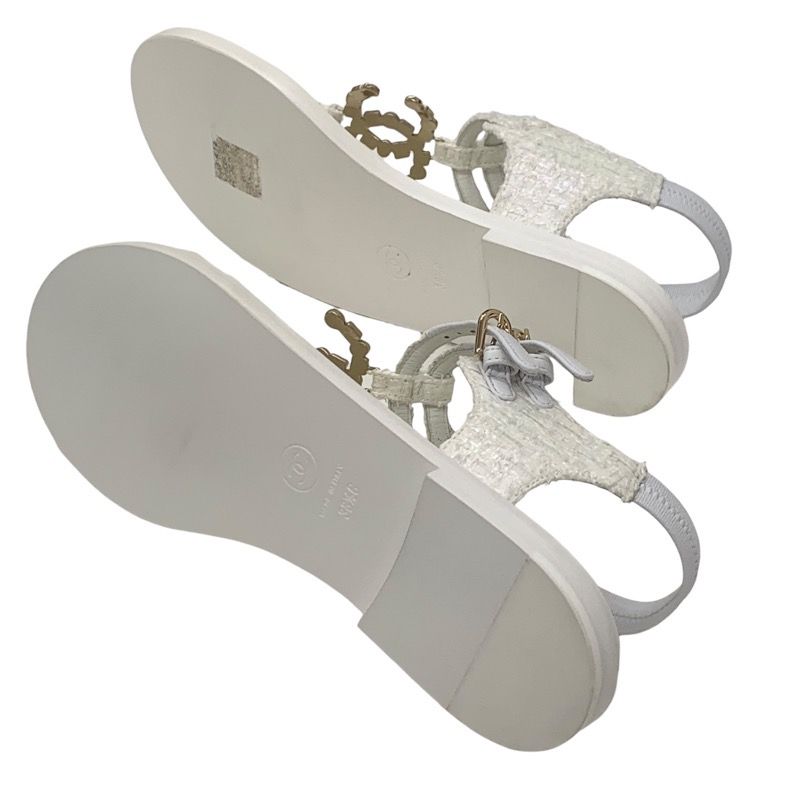Chanel Sandals Shoes Fabric White Unused Tweed Here Mark Stone Thong Sandals