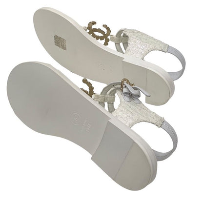 Chanel Sandals Shoes Fabric White Unused Tweed Here Mark Stone Thong Sandals