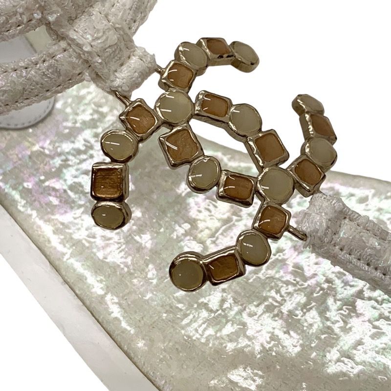 Chanel Sandals Shoes Fabric White Unused Tweed Here Mark Stone Thong Sandals
