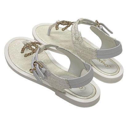 Chanel Sandals Shoes Fabric White Unused Tweed Here Mark Stone Thong Sandals