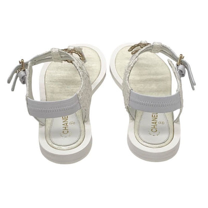 Chanel Sandals Shoes Fabric White Unused Tweed Here Mark Stone Thong Sandals