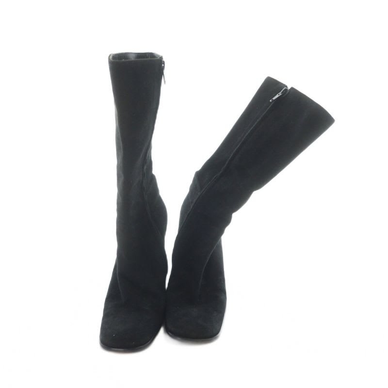 Gucci Short Boots Suede Square Toe Chunky Heel Logo 34.5 21.5 cm Black