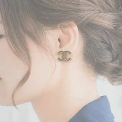 Chanel Coco Mark Earrings Metal Strass Gold Women's CC