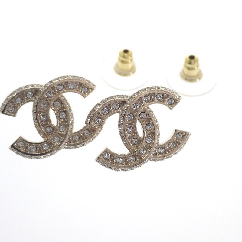 Chanel Coco Mark Earrings Metal Strass Gold Women's CC