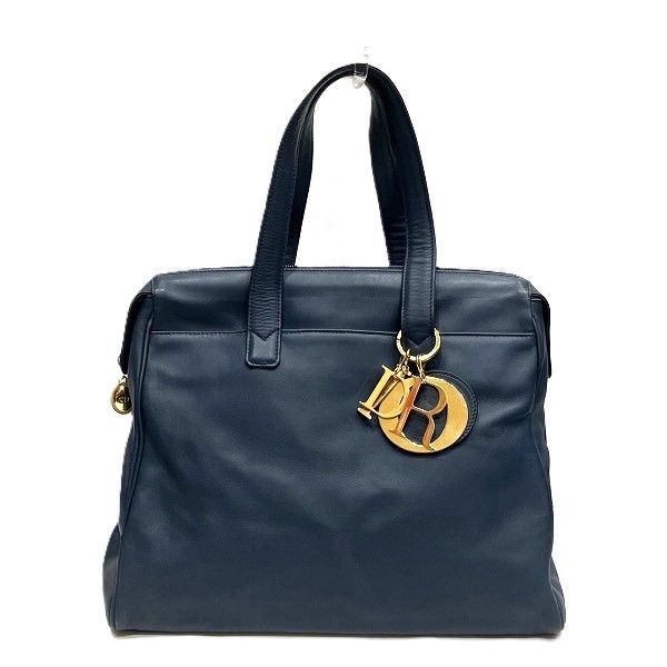 Dior Logo Charm Navy Leather Bag Handbag Ladies