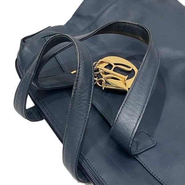 Dior Logo Charm Navy Leather Bag Handbag Ladies