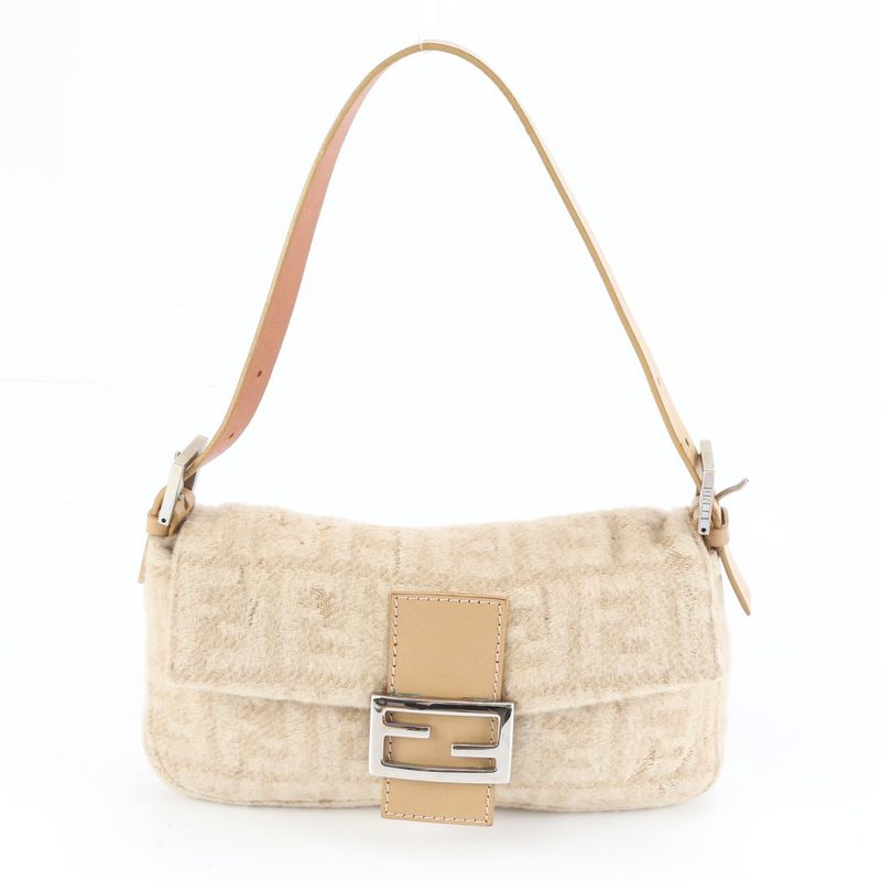 Fendi Zucca Mamma Baguette 26424 Leather Shoulder Bag One Shoulder Beige Ladies
