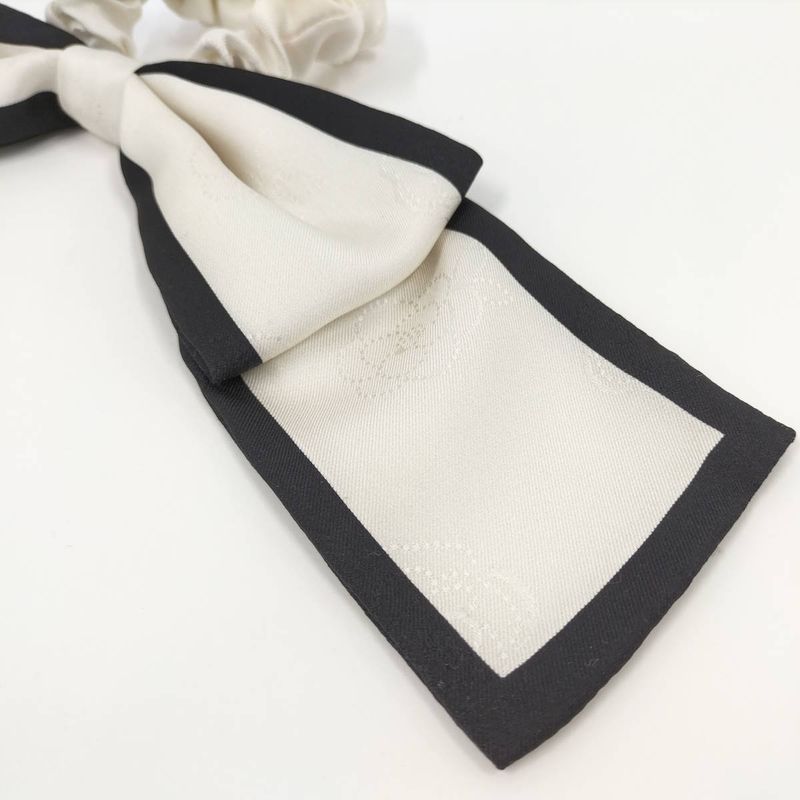 Chanel Scrunchie Ribbon Here Mark Logo Hair Clip Silk White Black