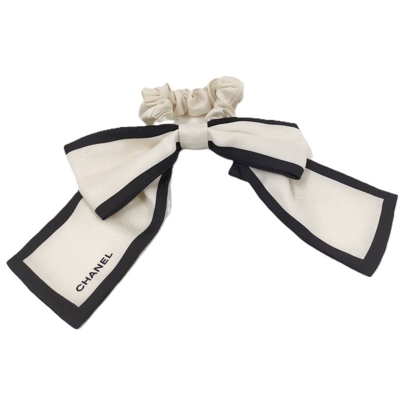 Chanel Scrunchie Ribbon Here Mark Logo Hair Clip Silk White Black