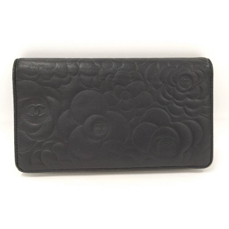 Chanel Camellia Embossed Bifold Long Wallet Leather Black