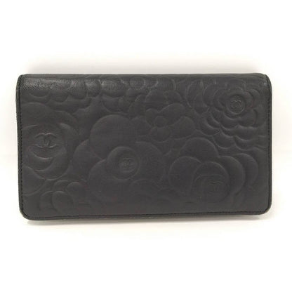 Chanel Camellia Embossed Bifold Long Wallet Leather Black