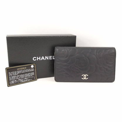 Chanel Camellia Embossed Bifold Long Wallet Leather Black