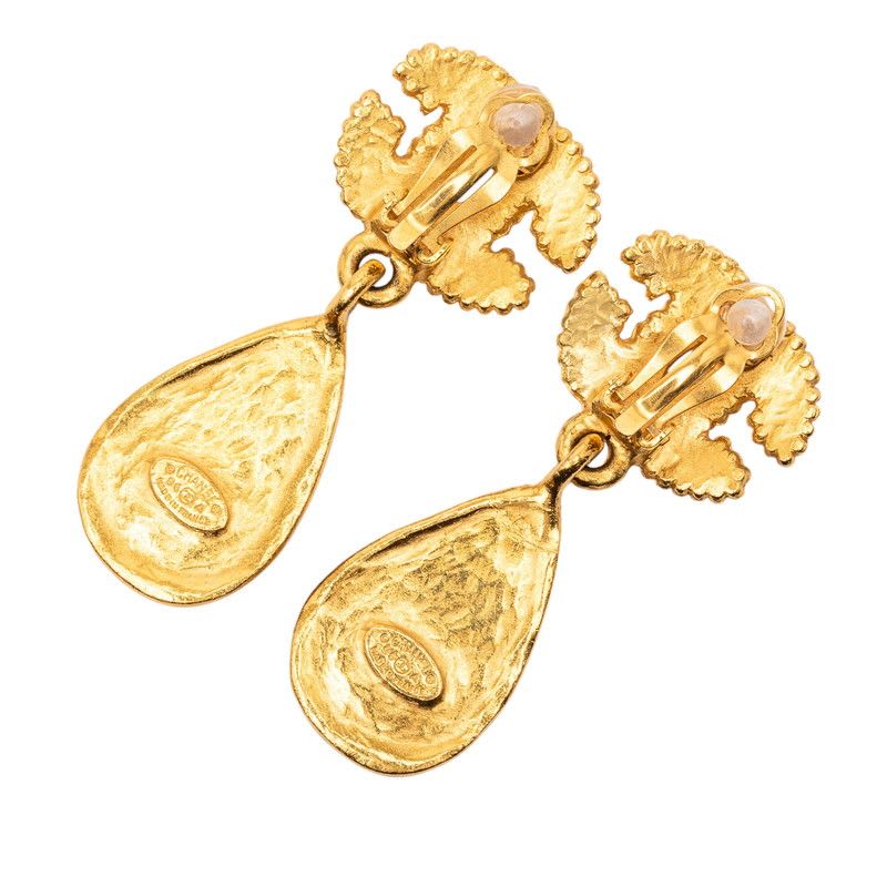Chanel Vintage Coco Mark Gripoix Earrings Swing Gold Blue Plated Ladies
