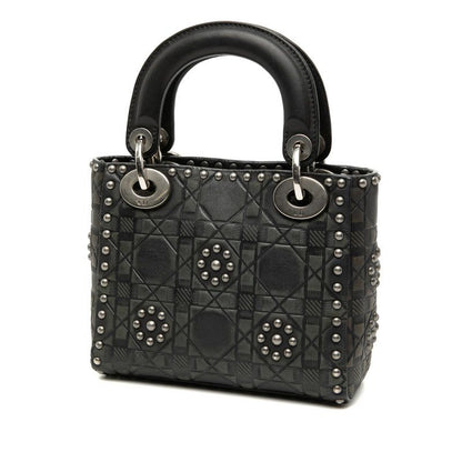 Dior Cannage Lady Studded Handbag Chain Shoulder Bag 2WAY Black Leather