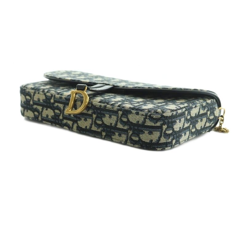 Christian Dior Saddle Chain Pouch Medium Bag Chain Shoulder Trotter Navy Beige