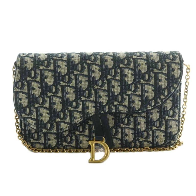 Christian Dior Saddle Chain Pouch Medium Bag Chain Shoulder Trotter Navy Beige