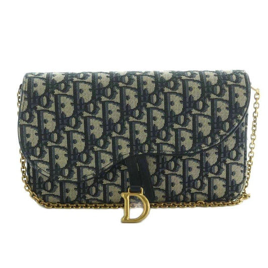 Christian Dior Saddle Chain Pouch Medium Bag Chain Shoulder Trotter Navy Beige