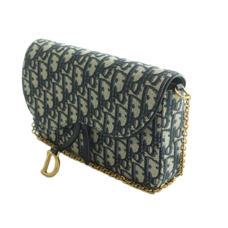 Christian Dior Saddle Chain Pouch Medium Bag Chain Shoulder Trotter Navy Beige