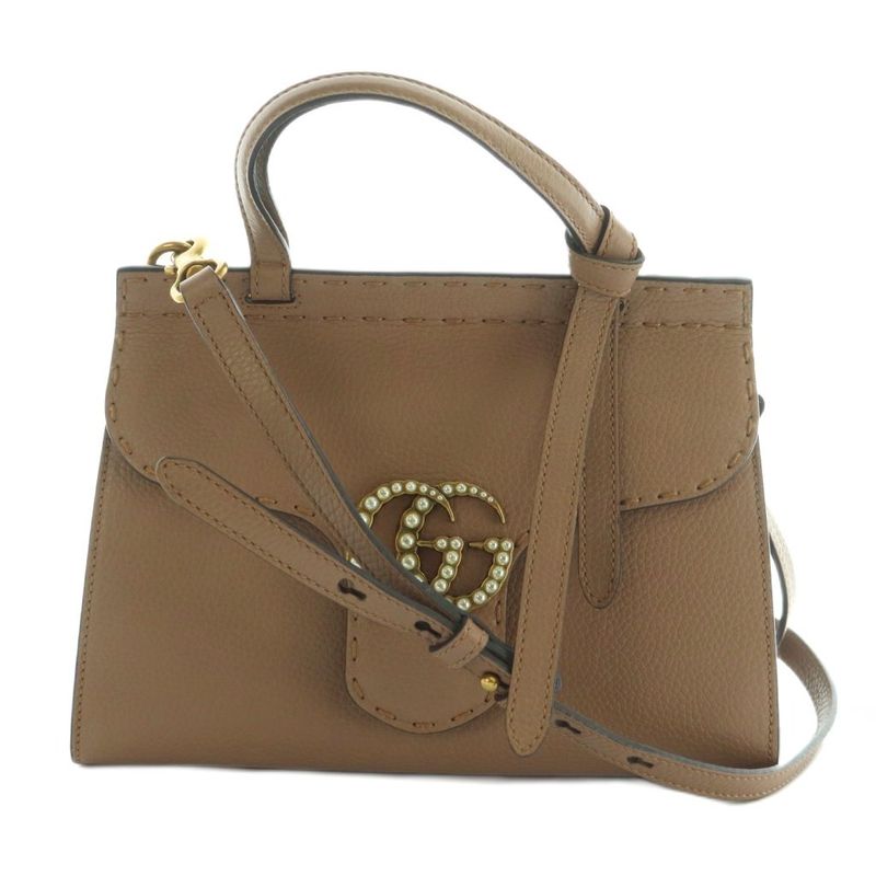 Gucci Ggmarmont Mini Pearl Top Handle Bag Shoulder 2WAY Leather Brown 442622 AQ
