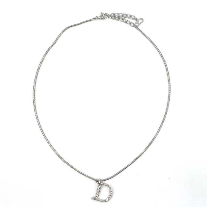Christian Dior D Logo Plate Metal X Rhinestone Clear X Silver Necklace