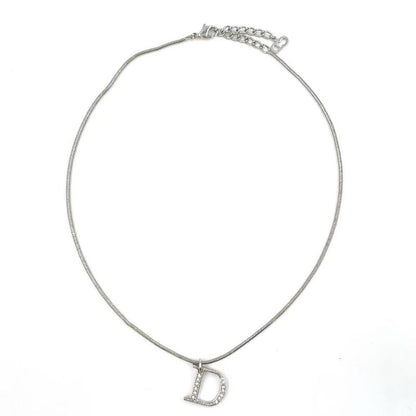 Christian Dior D Logo Plate Metal X Rhinestone Clear X Silver Necklace