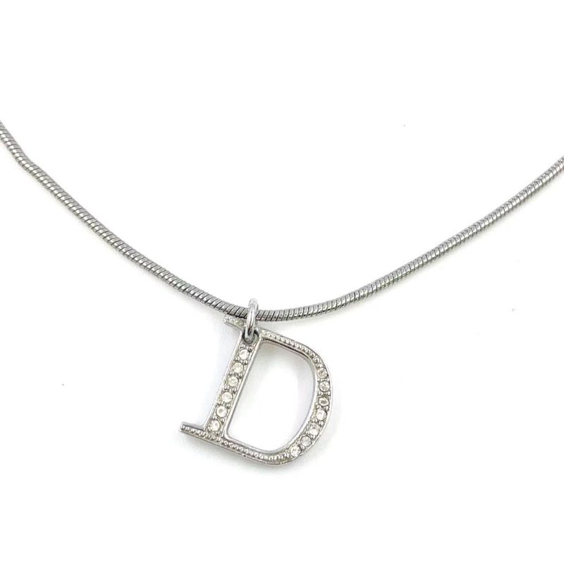 Christian Dior D Logo Plate Metal X Rhinestone Clear X Silver Necklace