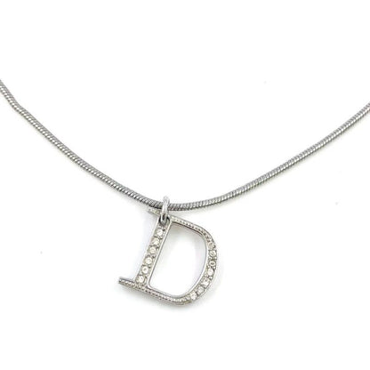 Christian Dior D Logo Plate Metal X Rhinestone Clear X Silver Necklace