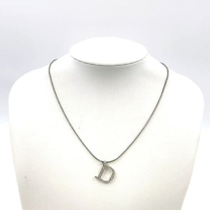 Christian Dior D Logo Plate Metal X Rhinestone Clear X Silver Necklace