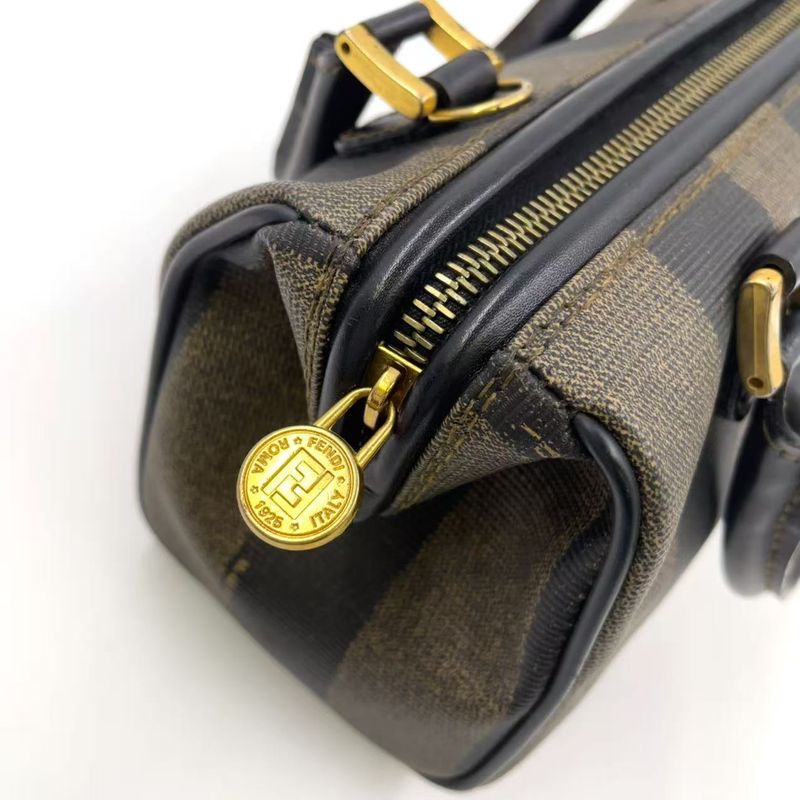 Fendi Pecan Pattern Mini Boston PVC Khaki Brown X Black Handbag Gold