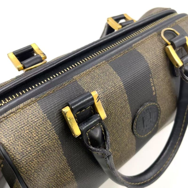 Fendi Pecan Pattern Mini Boston PVC Khaki Brown X Black Handbag Gold