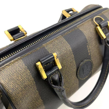 Fendi Pecan Pattern Mini Boston PVC Khaki Brown X Black Handbag Gold