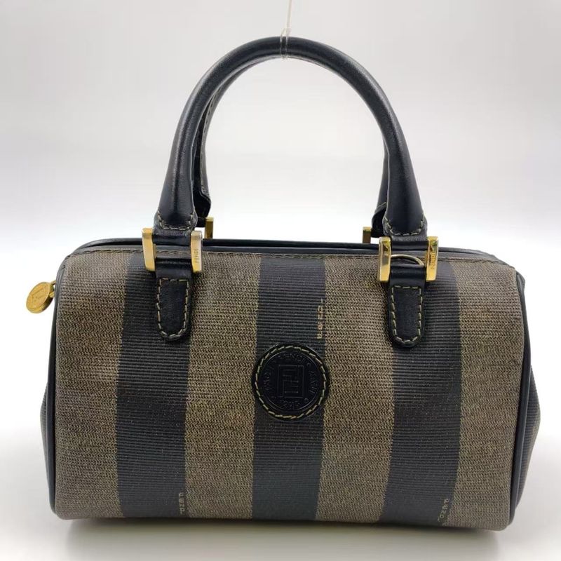 Fendi Pecan Pattern Mini Boston PVC Khaki Brown X Black Handbag Gold