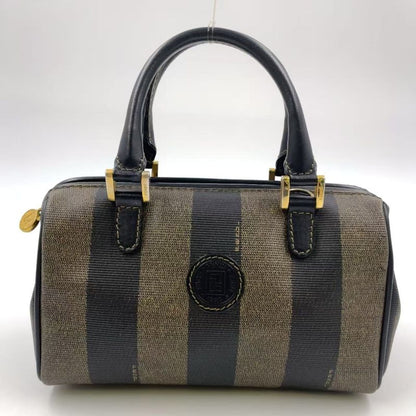 Fendi Pecan Pattern Mini Boston PVC Khaki Brown X Black Handbag Gold