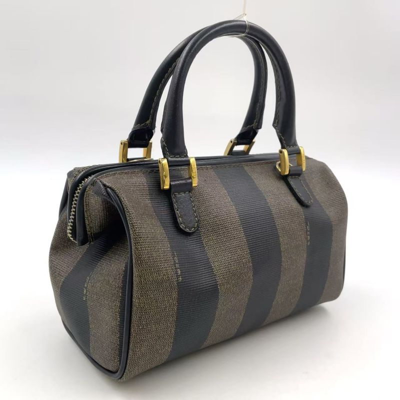 Fendi Pecan Pattern Mini Boston PVC Khaki Brown X Black Handbag Gold