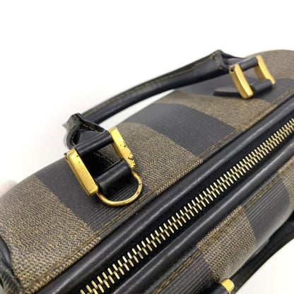 Fendi Pecan Pattern Mini Boston PVC Khaki Brown X Black Handbag Gold