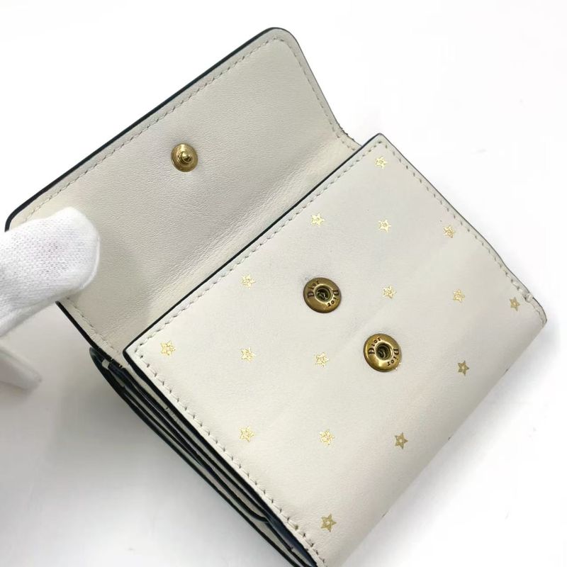 Christian Dior Star Pattern Trifold Leather White Wallet Gold