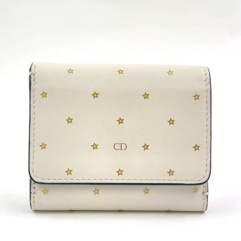 Christian Dior Star Pattern Trifold Leather White Wallet Gold