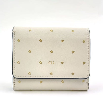 Christian Dior Star Pattern Trifold Leather White Wallet Gold