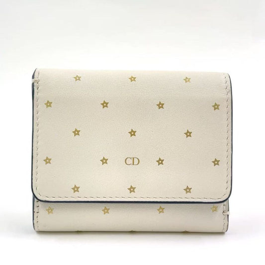 Christian Dior Star Pattern Trifold Leather White Wallet Gold