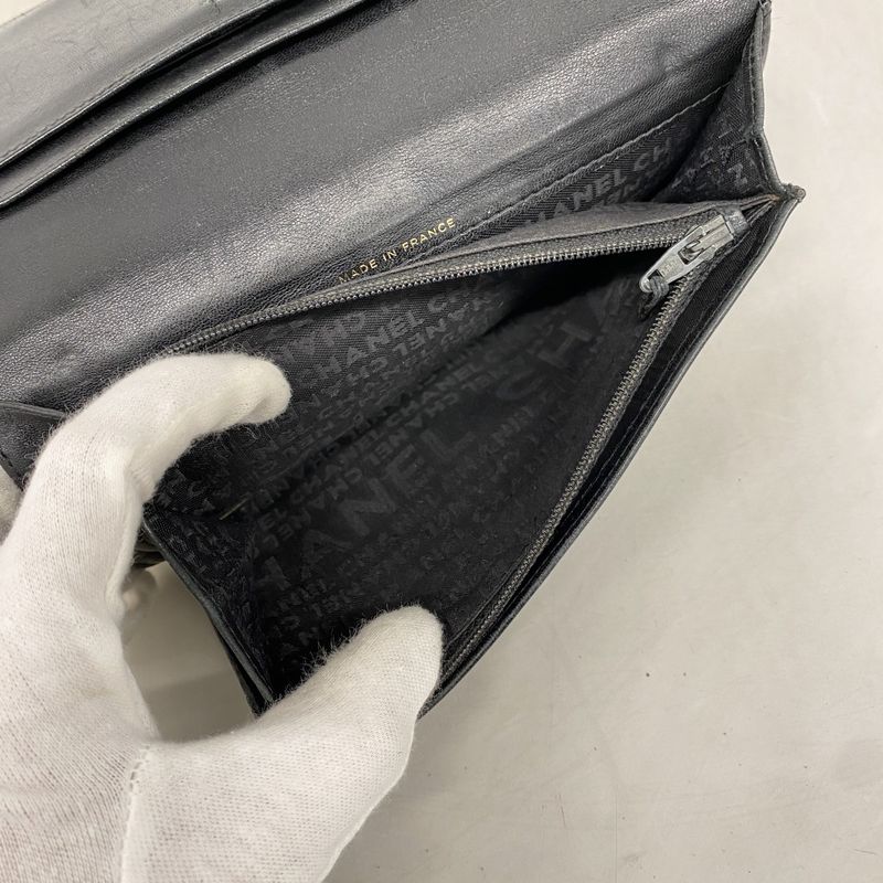 Chanel Long Wallet Icon Lambskin Black Gold Hardware Women's